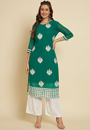 Embroidered Georgette Straight Kurta in Teal Green