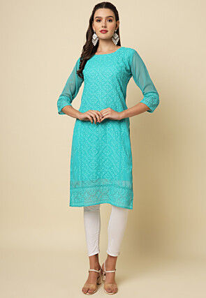 sachin and babi light blue dress Nesavu Girls Casual Smart Dresses Cotton Embroidered Turquoise Top White Lace Pants 26 (6Y) / Blue main image 0