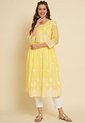 Embroidered Georgette Straight Kurta in Yellow