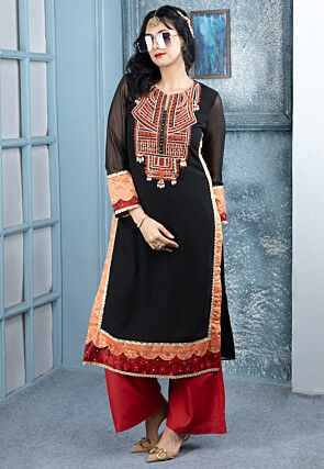 Embroidered Georgette Straight Kurta Set in Black