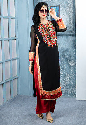 Embroidered Georgette Straight Kurta Set in Black