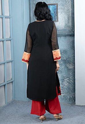 Embroidered Georgette Straight Kurta Set in Black