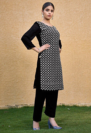 Embroidered Georgette Straight Kurta Set in Black