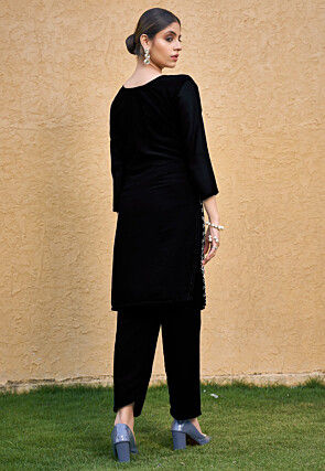 Embroidered Georgette Straight Kurta Set in Black