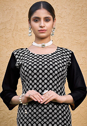 Embroidered Georgette Straight Kurta Set in Black