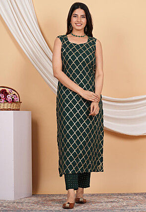 Embroidered Georgette  Straight Kurta Set in Dark Green