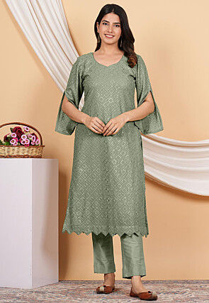 Embroidered Georgette Straight kurta Set in Dusty Green