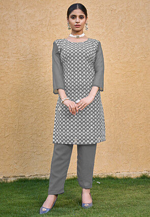 Embroidered Georgette Straight Kurta Set in Grey