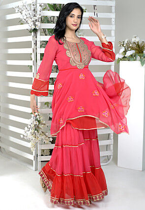 Embroidered Georgette Straight Kurta Set in Pink