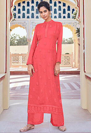 Embroidered Georgette Straight Kurta Set in Pink