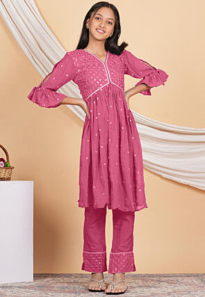 Embroidered Georgette Straight Kurta Set in Pink