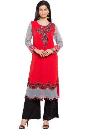 Embroidered Georgette Straight Kurta Set in Red