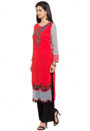 Embroidered Georgette Straight Kurta Set in Red