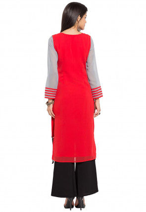 Embroidered Georgette Straight Kurta Set in Red