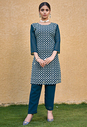 Embroidered Georgette Straight Kurta Set in Teal Blue