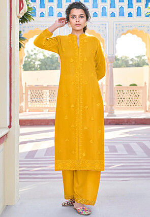 Embroidered Georgette Straight Kurta Set in Yellow