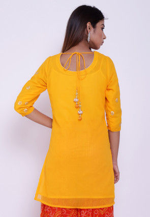 Embroidered Georgette Straight Kurti in Yellow