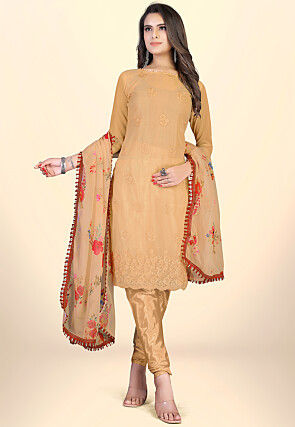 Embroidered Georgette Straight Suit in Beige