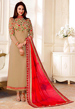 Embroidered Georgette Straight Suit in Beige