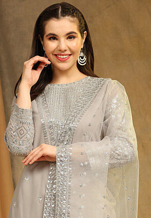 Embroidered Georgette Straight Suit in Light Grey