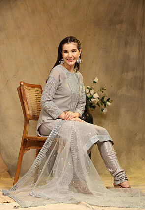Embroidered Georgette Straight Suit in Light Grey