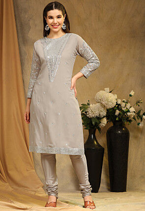 Embroidered Georgette Straight Suit in Light Grey