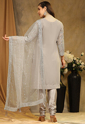 Embroidered Georgette Straight Suit in Light Grey