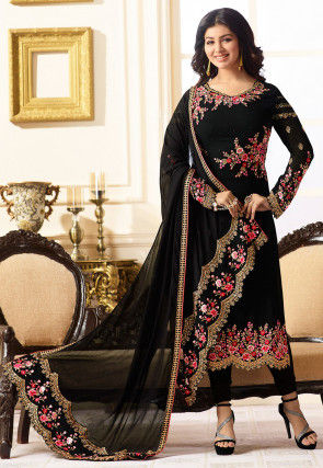 Embroidered Georgette Straight Suit in Black