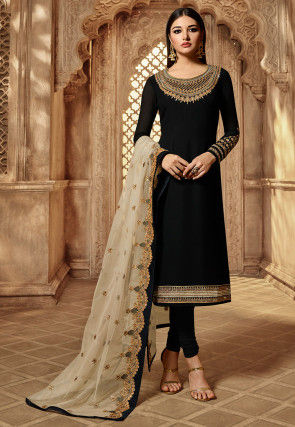 Embroidered Georgette Straight Suit in Black