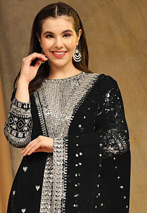 Embroidered Georgette Straight Suit in Black