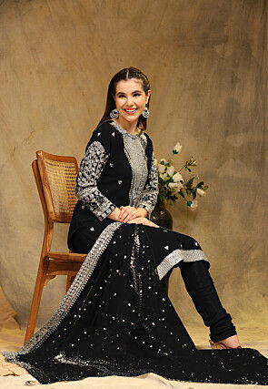 Embroidered Georgette Straight Suit in Black