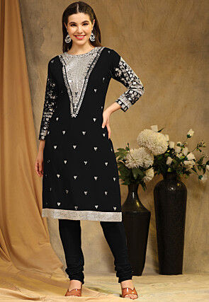 Embroidered Georgette Straight Suit in Black