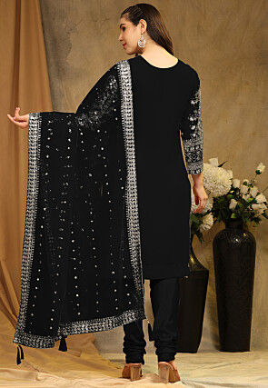 Embroidered Georgette Straight Suit in Black