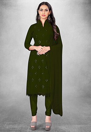 Embroidered Georgette Straight Suit in Dark Olive Green