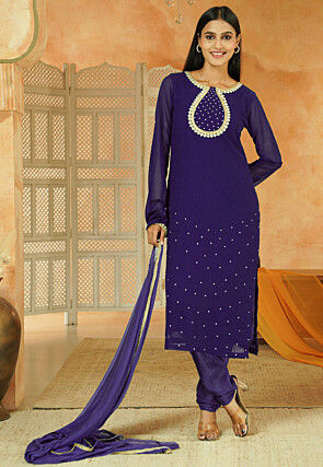 Embroidered Georgette Straight Suit in Dark Purple
