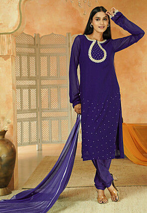 Embroidered Georgette Straight Suit in Dark Purple