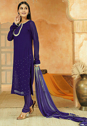 Embroidered Georgette Straight Suit in Dark Purple