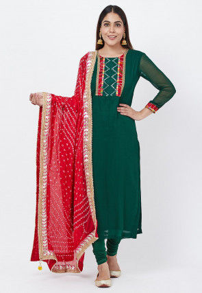 Embroidered Georgette Straight Suit in Dark Teal Green