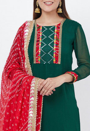 Embroidered Georgette Straight Suit in Dark Teal Green