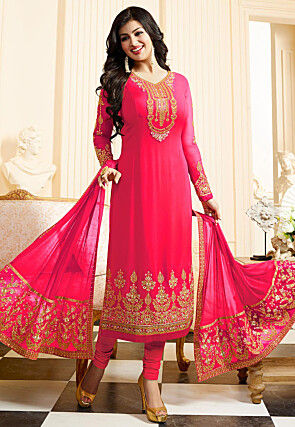 Embroidered Georgette Straight Suit in Fuchsia