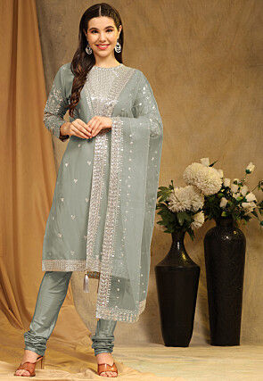 Embroidered Georgette Straight Suit in Grey