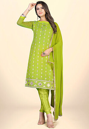 Embroidered Georgette Straight Suit in Light Green
