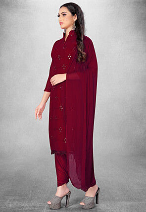 Embroidered Georgette Straight Suit in Maroon