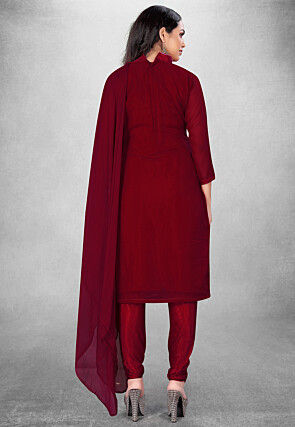 Embroidered Georgette Straight Suit in Maroon