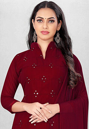 Embroidered Georgette Straight Suit in Maroon