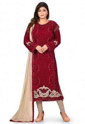 Embroidered Georgette Straight Suit in Maroon