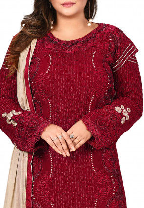 Embroidered Georgette Straight Suit in Maroon