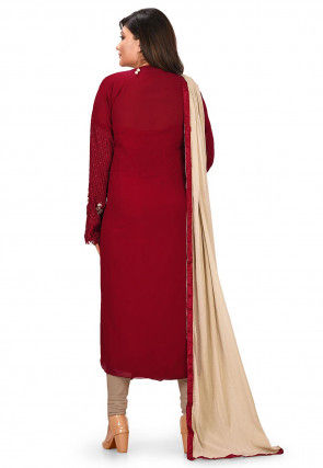 Embroidered Georgette Straight Suit in Maroon