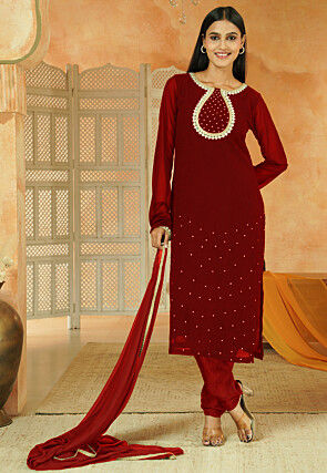 Embroidered Georgette Straight Suit in Maroon