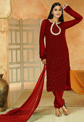Embroidered Georgette Straight Suit in Maroon